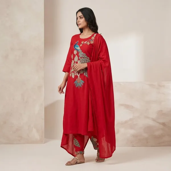 Red_Cotton_Peacock_Embroidered_Kurta_Pyjama_Dupatta_Set_For_Women