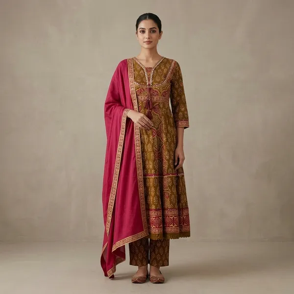 Brown_Bandhani_Print_Anarkali_Kurta_Pyjama_Dupatta_Set_For_Women