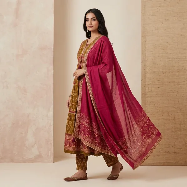 Brown_Bandhani_Print_Anarkali_Kurta_Pyjama_Dupatta_Set_For_Women