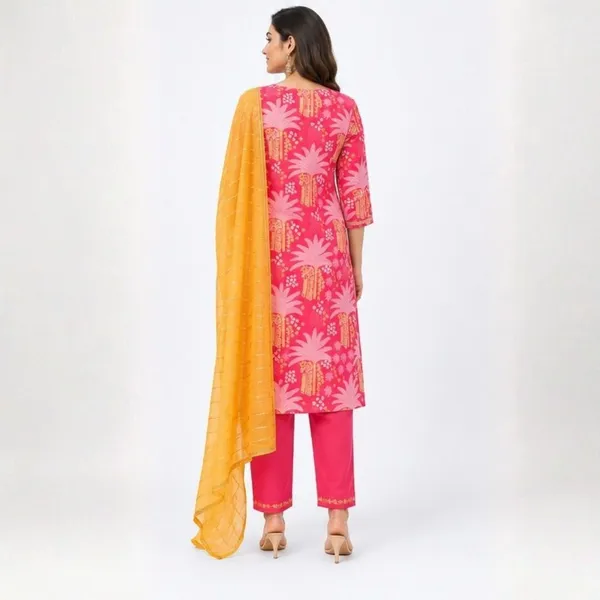 3_Piece_Pink_Cotton_Straight_Kurti_with_Pants_and_Mustard_Yellow_Dupatta