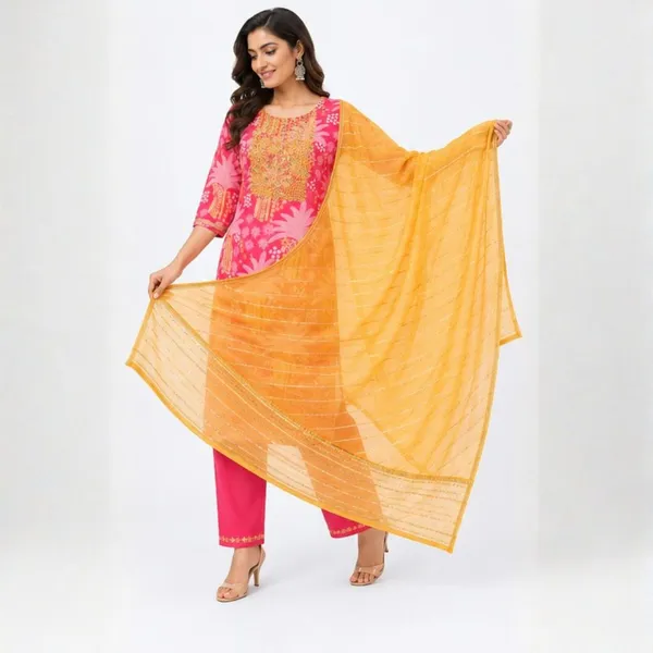 3_Piece_Pink_Cotton_Straight_Kurti_with_Pants_and_Mustard_Yellow_Dupatta