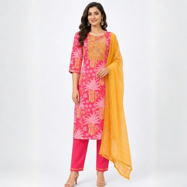 3_Piece_Pink_Cotton_Straight_Kurti_with_Pants_and_Mustard_Yellow_Dupatta