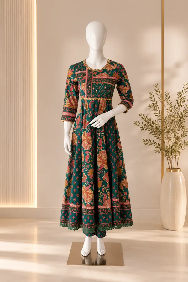 Green_Cotton_Floral_Print_Anarkali_Kurta_Pyjama_Dupatta_Set_For_Women