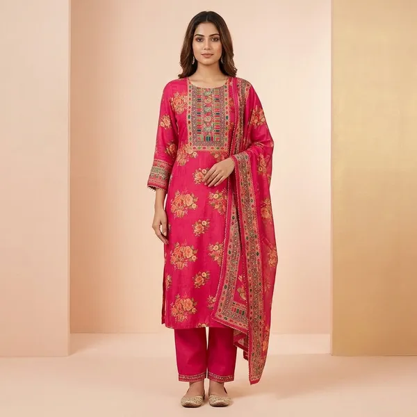 Pink_Embroidered_Floral_Print_Kurta_Pyjama_Dupatta_Set_For_Women