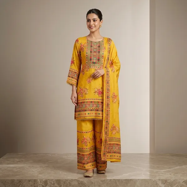 Yellow_Floral_Print_Embroidered_Kurta_Pyjama_Dupatta_Set_For_Women