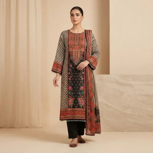 Black_Beige_Striped_Embroidered_Kurta_Pyjama_Dupatta_Set_For_Women