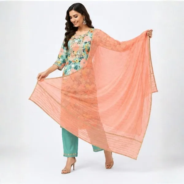 3_Piece_Sea_Green_Floral_Printed_Kurta_Set_with_Peach_Dupatta