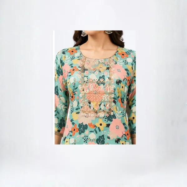 3_Piece_Sea_Green_Floral_Printed_Kurta_Set_with_Peach_Dupatta
