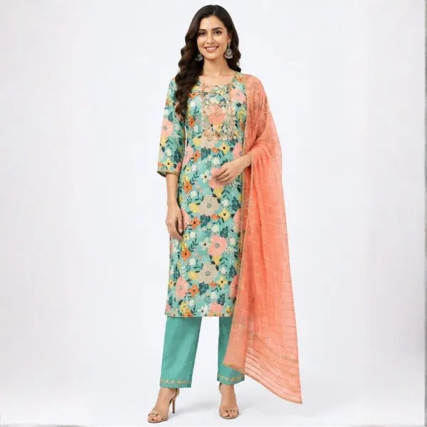 3_Piece_Sea_Green_Floral_Printed_Kurta_Set_with_Peach_Dupatta