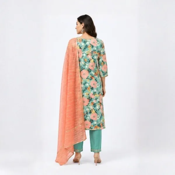 3_Piece_Sea_Green_Floral_Printed_Kurta_Set_with_Peach_Dupatta