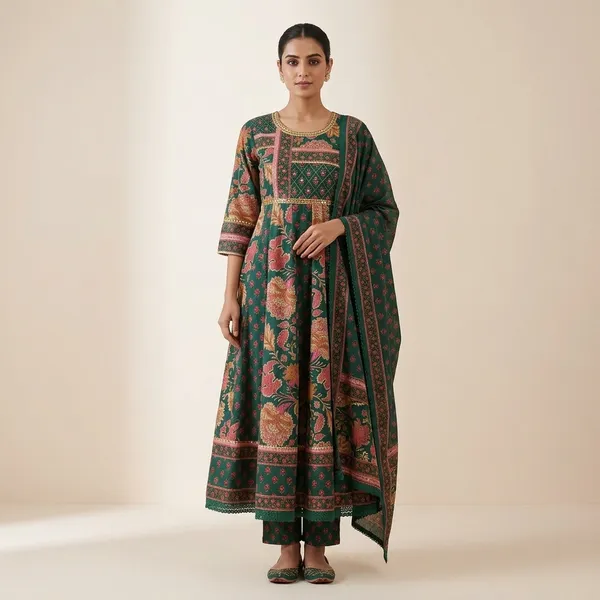 Green_Cotton_Floral_Print_Anarkali_Kurta_Pyjama_Dupatta_Set_For_Women