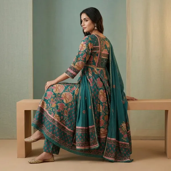 Green_Cotton_Floral_Print_Anarkali_Kurta_Pyjama_Dupatta_Set_For_Women