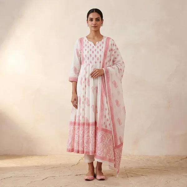 White_Pink_Cotton_Block_Print_Anarkali_Kurta_Pyjama_Dupatta_Set_For_Women