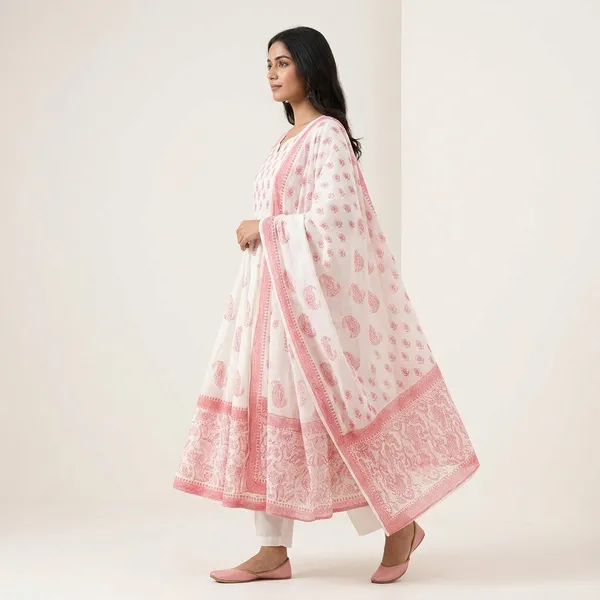White_Pink_Cotton_Block_Print_Anarkali_Kurta_Pyjama_Dupatta_Set_For_Women