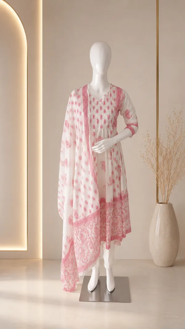 White_Pink_Cotton_Block_Print_Anarkali_Kurta_Pyjama_Dupatta_Set_For_Women