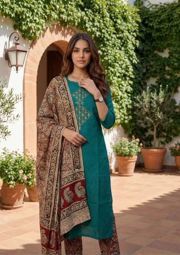 Green_Cotton_Kurta_Set_For_Women