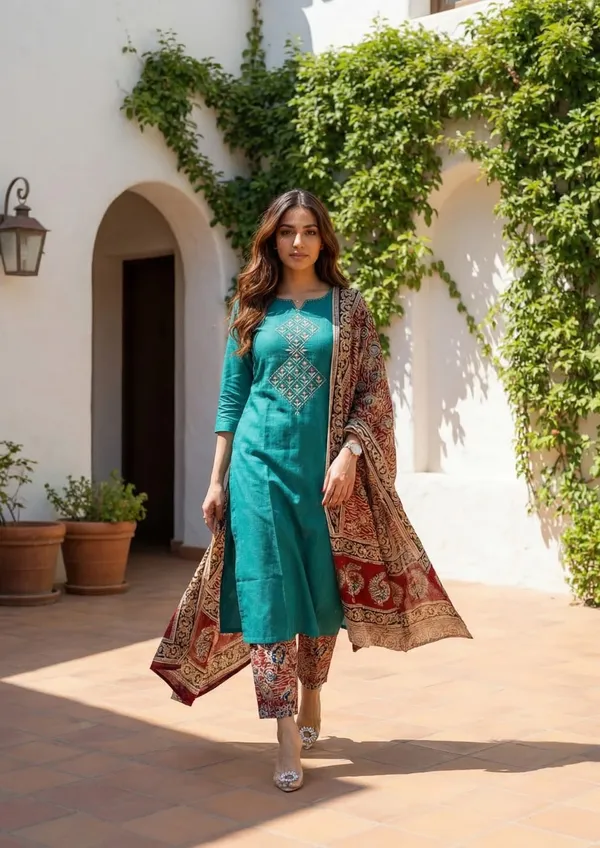 Green_Cotton_Kurta_Set_For_Women