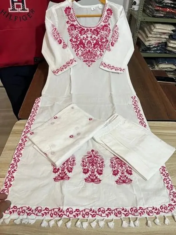 Cream_White__And_Pink_Cotton_Kurta_Set_For_Women