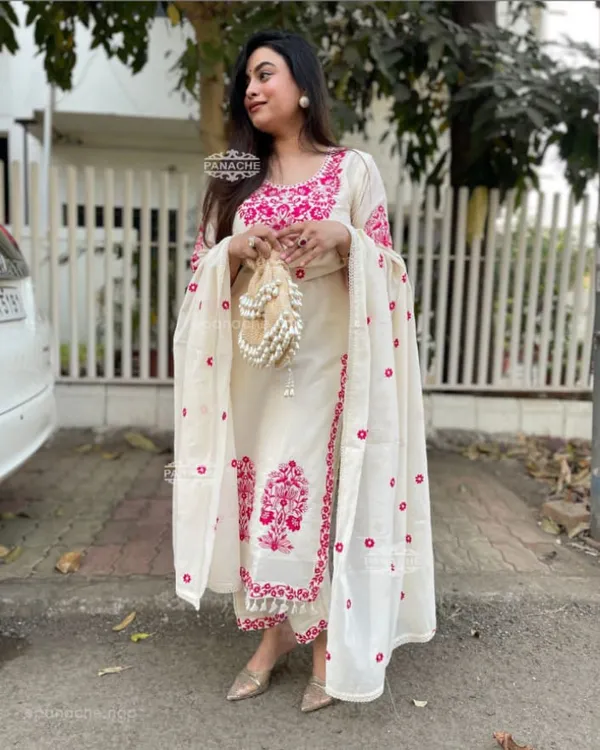 Cream_White__And_Pink_Cotton_Kurta_Set_For_Women
