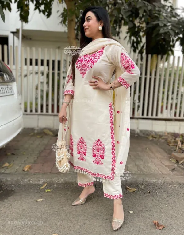 Cream_White__And_Pink_Cotton_Kurta_Set_For_Women