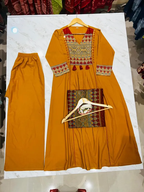 Mustard_Yellow__And_Red_Cotton_Anarkali_Kurta_Set_For_Women