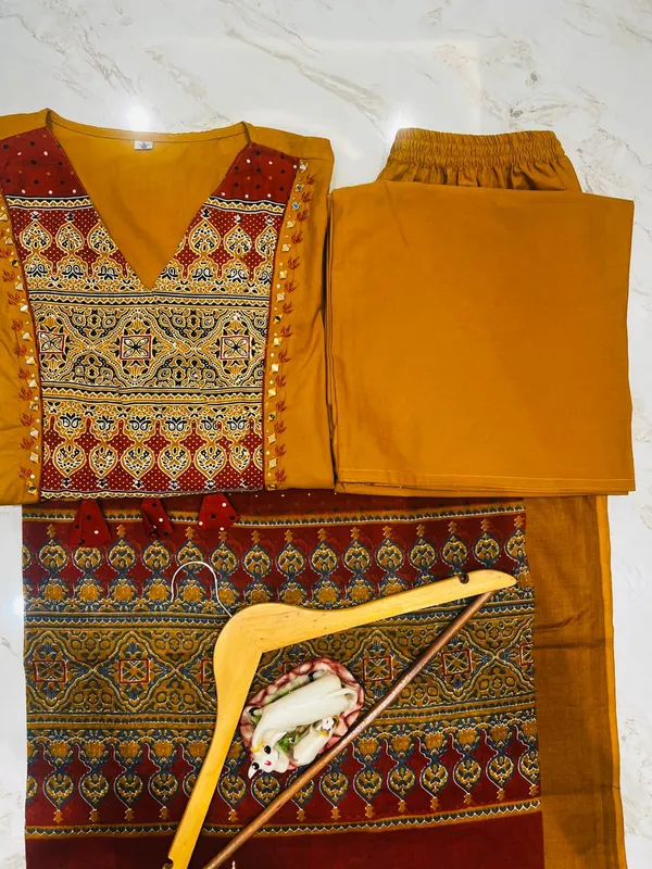 Mustard_Yellow__And_Red_Cotton_Anarkali_Kurta_Set_For_Women