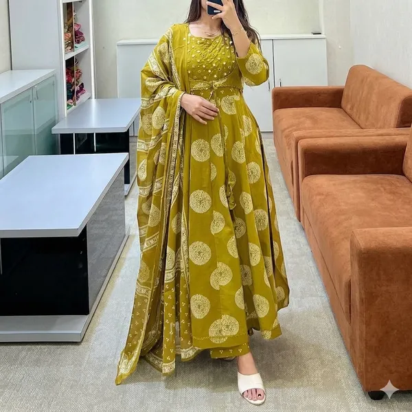 Mustard_Yellow_Cotton_Anarkali_Dress_For_Women