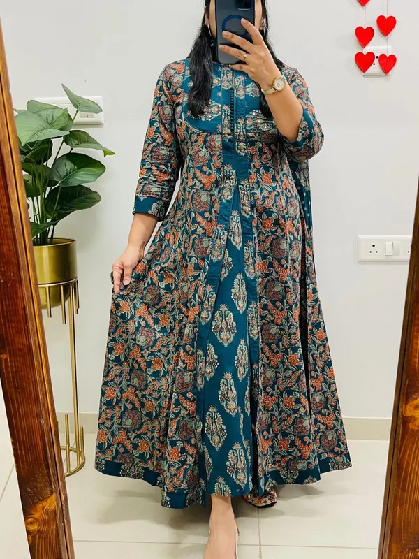 Teal_Blue_Cotton_Anarkali_Kurta_Set_For_Women