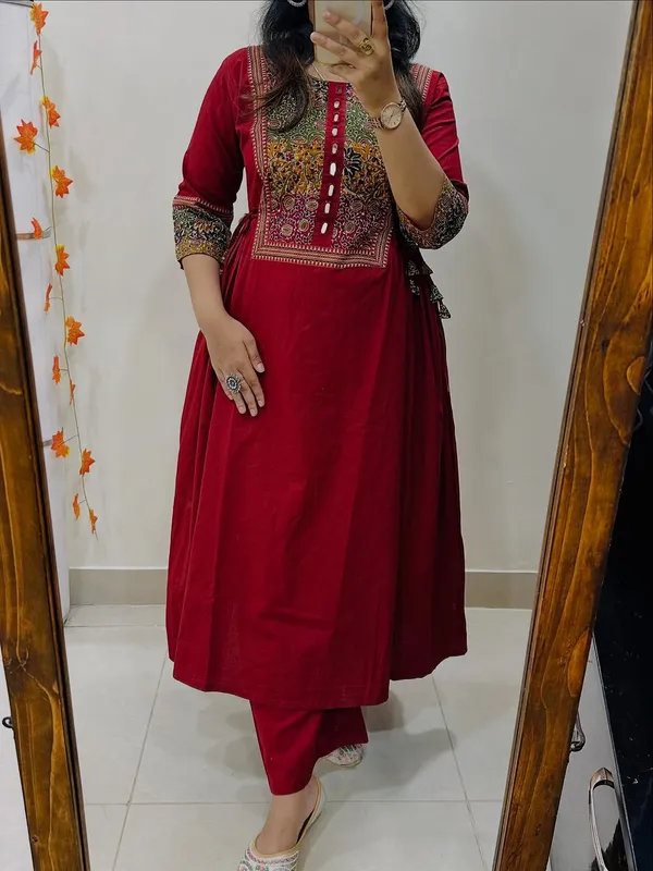 Wine_Red_Cotton_Anarkali_Kurta_Set_For_Women