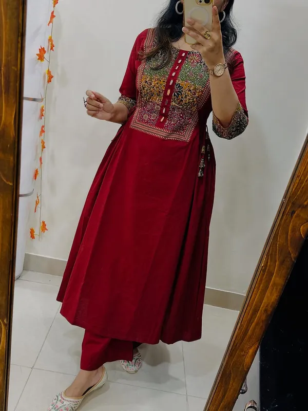 Wine_Red_Cotton_Anarkali_Kurta_Set_For_Women