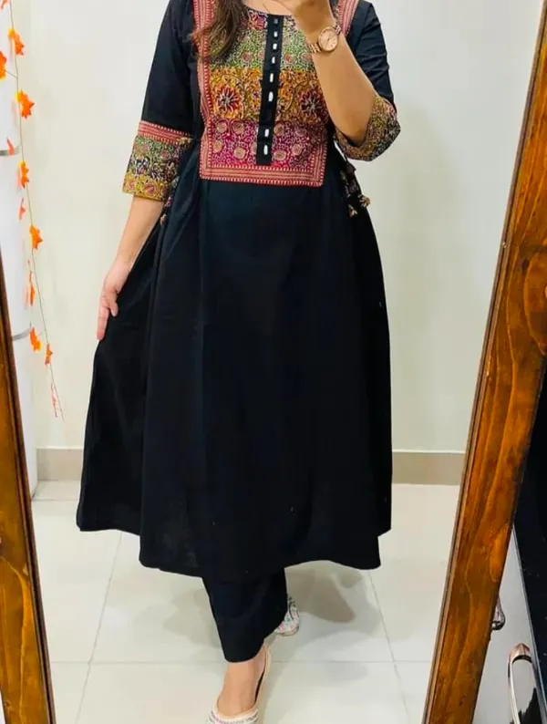 Jaipur_Style_Women's_Black_Cotton_Embroidered_Anarkali_Kurta_Set_|_Ethnic_Printed_Yoke_|_3/4_Sleeves_|_Festive_&_Casual_Wear