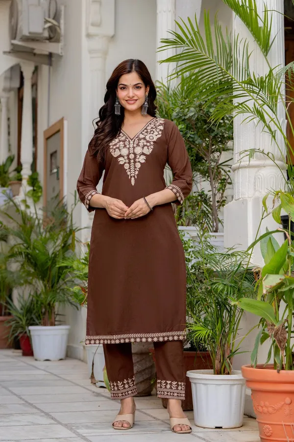 Jaipur_Style_Women's_Coffee_Brown_Embroidered_Cotton_Kurta_Pant_&_Printed_Dupatta_Set