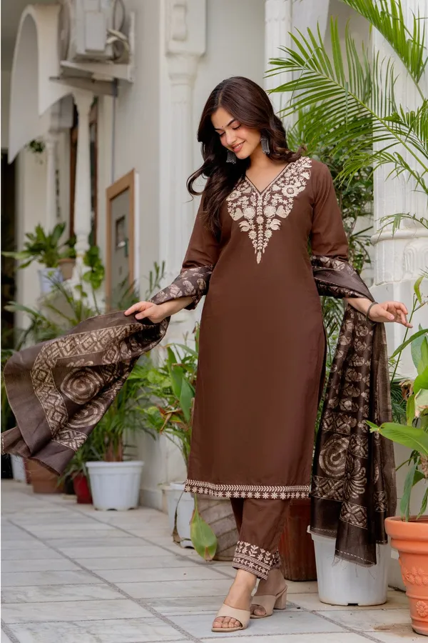 Jaipur_Style_Women's_Coffee_Brown_Embroidered_Cotton_Kurta_Pant_&_Printed_Dupatta_Set