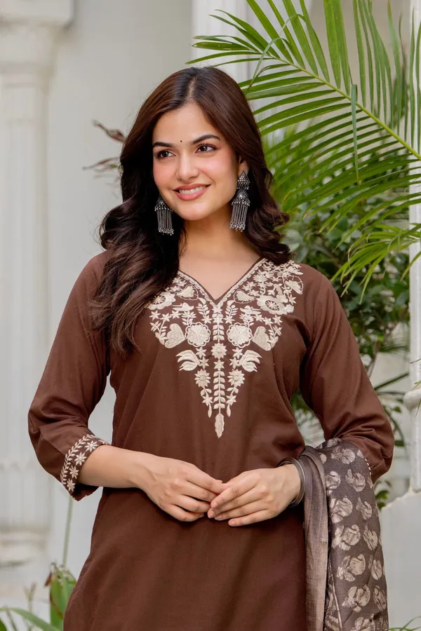 Jaipur_Style_Women's_Coffee_Brown_Embroidered_Cotton_Kurta_Pant_&_Printed_Dupatta_Set