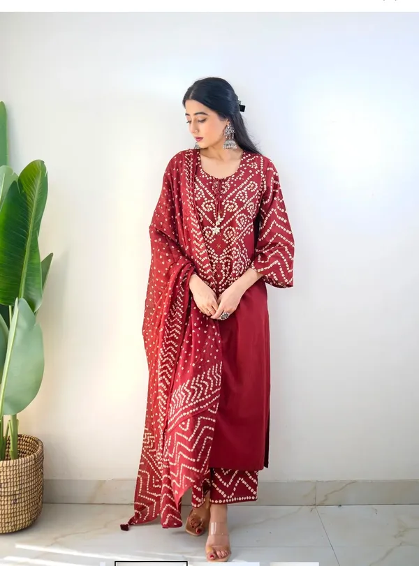 Jaipur_Style_Women's_Maroon_Bandhani_Printed_Kurta_Set_with_Dupatta_|_Ethnic_Cotton_Blend_Suit_Set