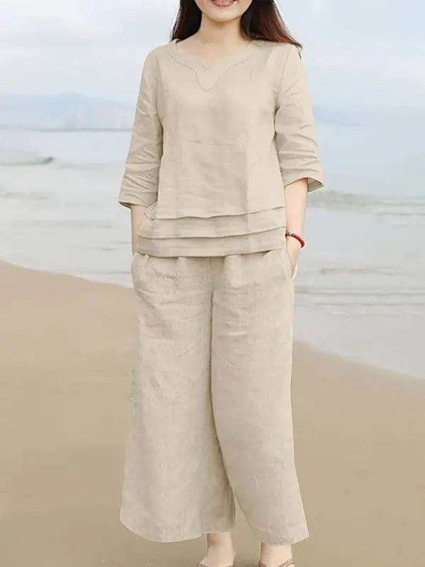 Jaipur_Style_Women's_Premium_Cotton_Linen_Layered_Co-Ord_Set_|_Solid_Beige_Top_&_Wide-Leg_Pants_|_Casual_&_Summer_Wear