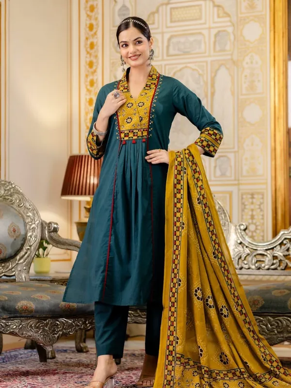 Teal_Blue_Cotton_Kurta_Set_For_Women
