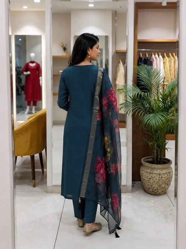 Jaipur_Style_Women's_Teal_Embroidered_Kurta_Pant_Set_with_Floral_Organza_Dupatta_|_Ethnic_3-Piece_Suit