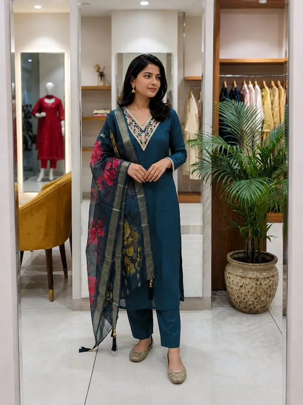 Jaipur_Style_Women's_Teal_Embroidered_Kurta_Pant_Set_with_Floral_Organza_Dupatta_|_Ethnic_3-Piece_Suit
