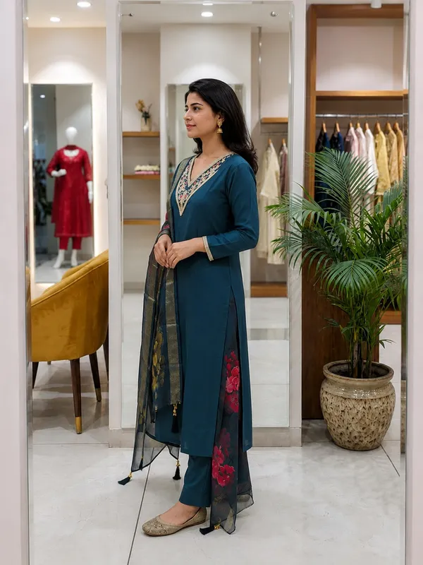 Jaipur_Style_Women's_Teal_Embroidered_Kurta_Pant_Set_with_Floral_Organza_Dupatta_|_Ethnic_3-Piece_Suit