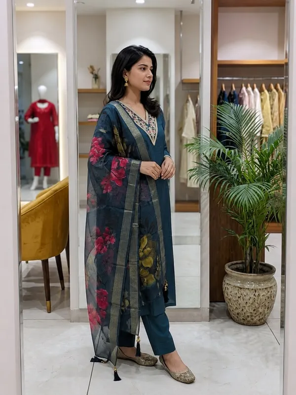 Jaipur_Style_Women's_Teal_Embroidered_Kurta_Pant_Set_with_Floral_Organza_Dupatta_|_Ethnic_3-Piece_Suit
