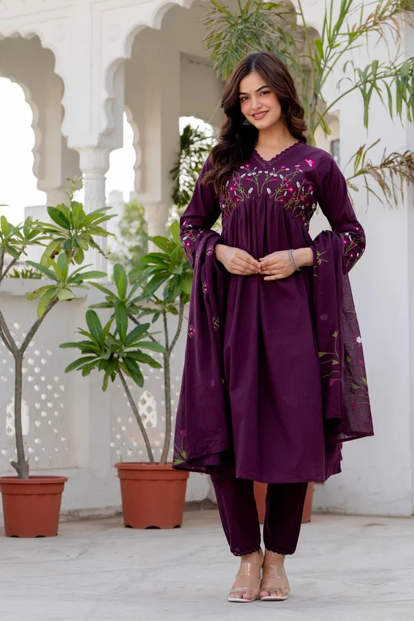 Deep_Wine_Cotton_Anarkali_Kurta_Set_For_Women