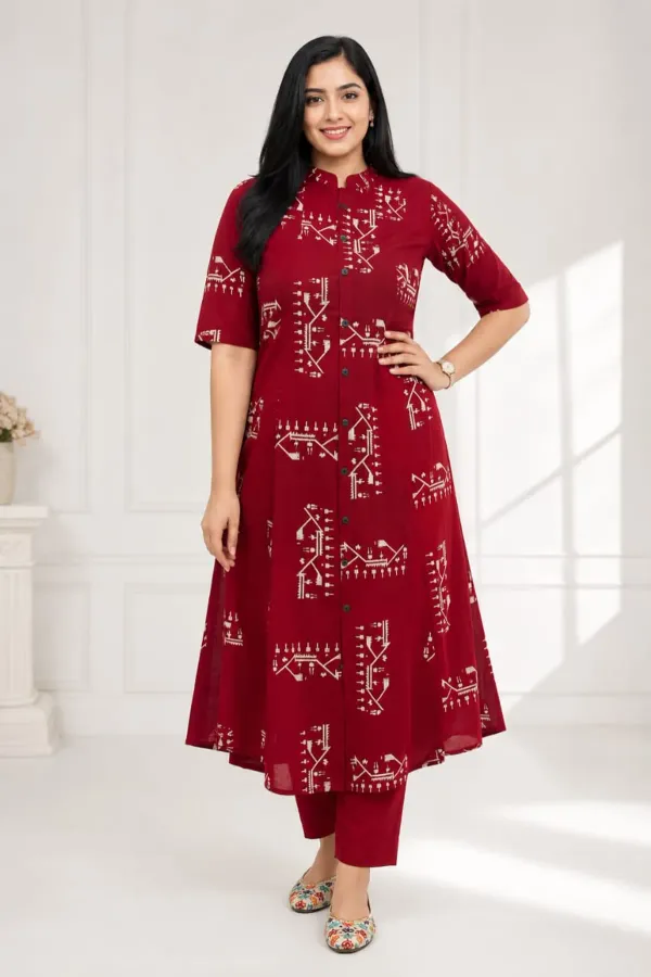 Maroon_Printed_A-Line_Kurta_Set_with_Straight_Pants