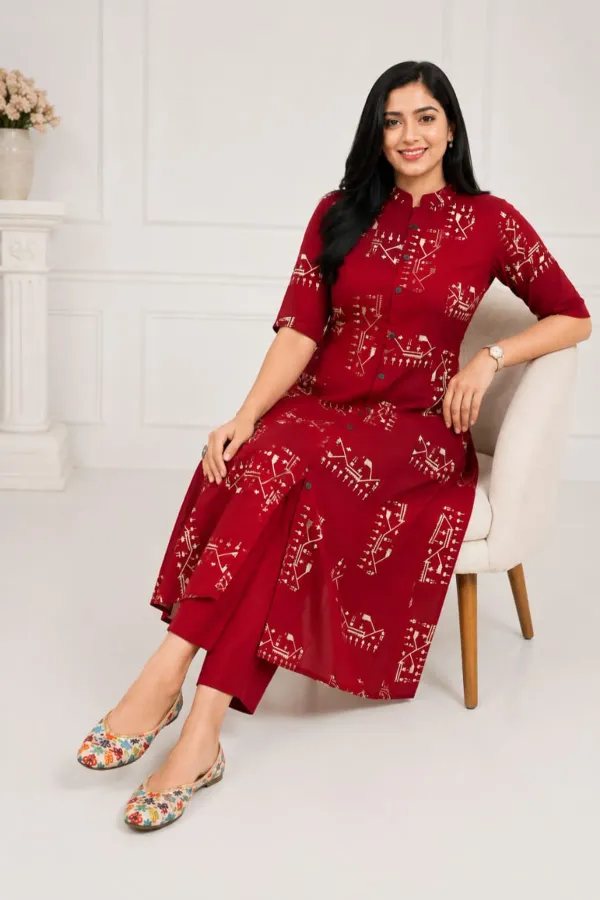 Maroon_Printed_A-Line_Kurta_Set_with_Straight_Pants