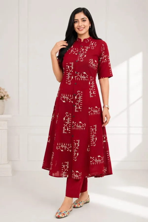 Maroon_Printed_A-Line_Kurta_Set_with_Straight_Pants