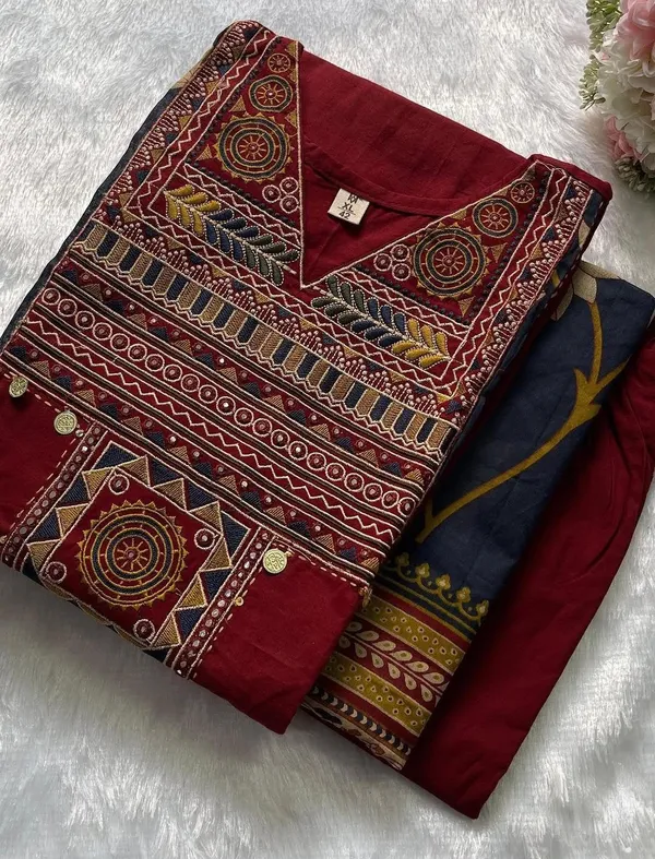 Style_kurti_Women’s_Maroon_Printed_Kurta_Pant_Set_with_Designer_Navy_Floral_Dupatta_|_Elegant_Ethnic_3-Piece_Suit_Set