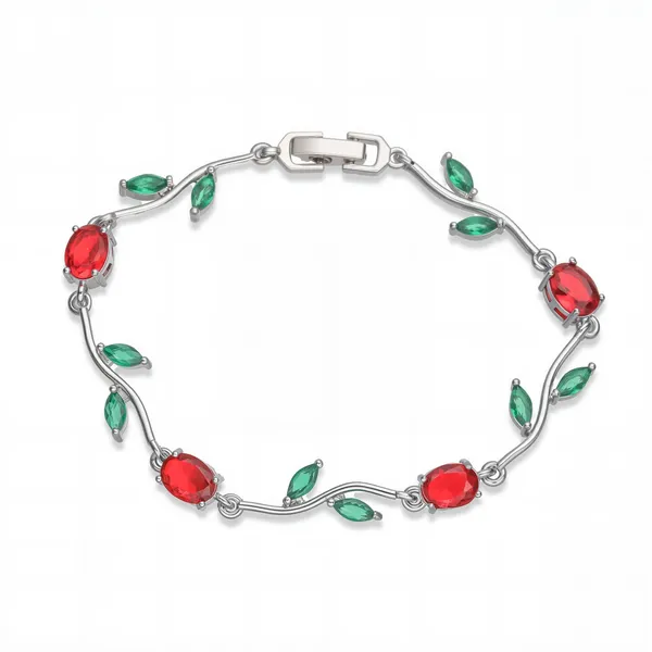 Silver_Red_Green_Brass_18K_Plated_Tulip_Floral_Anti-Tarnish_Bracelet