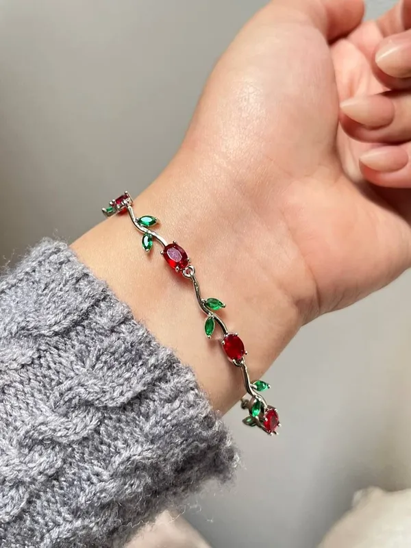 Silver_Red_Green_Brass_18K_Plated_Tulip_Floral_Anti-Tarnish_Bracelet