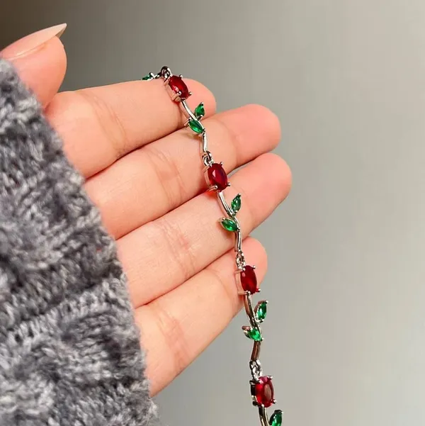 Silver_Red_Green_Brass_18K_Plated_Tulip_Floral_Anti-Tarnish_Bracelet
