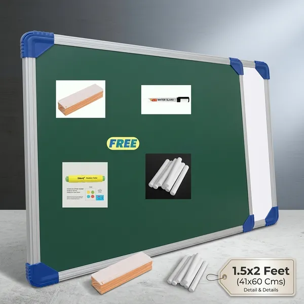 Preha_The_Smart_Choice_1.5x_2_Feet_Non_Magnetic_Double_Sided_Chalk_Board_and_White_Board_Combo_Pack_With_1_Wooden_Duster,_1_Marker,_1_Chalk_Holder,_10_Non_Dust_Chalk_Sticks_For_Kids_School_Teaching_60x41_cms